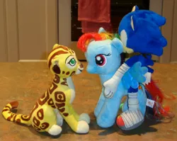 Size: 3582x2855 | Tagged: artist:cheerbearsfan, crossover, derpibooru import, fuli, irl, photo, plushie, rainbow dash, riding, safe, sega, sonic boom, sonic the hedgehog, sonic the hedgehog (series), the lion guard