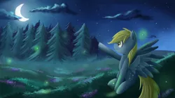 Size: 1280x720 | Tagged: safe, artist:ailynd, derpibooru import, derpy hooves, firefly (insect), insect, pegasus, pony, crescent moon, female, forest, mare, meadow, moon, night, scenery, sitting, solo