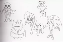 Size: 3173x2115 | Tagged: anger (inside out), artist:fizzban08, ? block, crossover, derpibooru import, fluttershy, goomba, inside out, pixar, safe, sans (undertale), sega, sonic the hedgehog, sonic the hedgehog (series), super mario bros., traditional art, undertale, video game