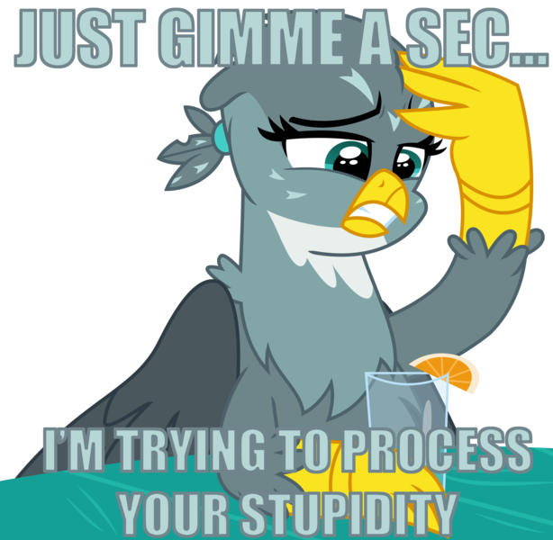 Size: 3225x3150 | Tagged: safe, derpibooru import, gabby, gryphon, the fault in our cutie marks, can't handle, caption, image macro, meme, out of character, reaction image, solo, stupidity, text