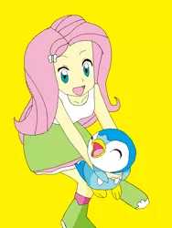 Size: 600x800 | Tagged: safe, artist:marcospower1996, artist:mega-shonen-one-64, derpibooru import, fluttershy, piplup, equestria girls, crossover, pokémon