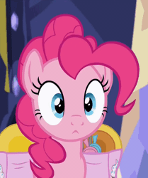 Size: 405x484 | Tagged: safe, derpibooru import, screencap, pinkie pie, earth pony, pony, every little thing she does, :<, :i, animated, bag, blinking, cute, diapinkes, faic, female, gif, looking at you, mare, open mouth, ponk, puffy cheeks, saddle bag, smiling, solo