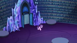 Size: 1280x720 | Tagged: safe, derpibooru import, screencap, starlight glimmer, pony, unicorn, every little thing she does, alone, bird's eye view, book, door, female, library, mare, solo, stressed, table, twilight's castle, twilight's castle library, worried