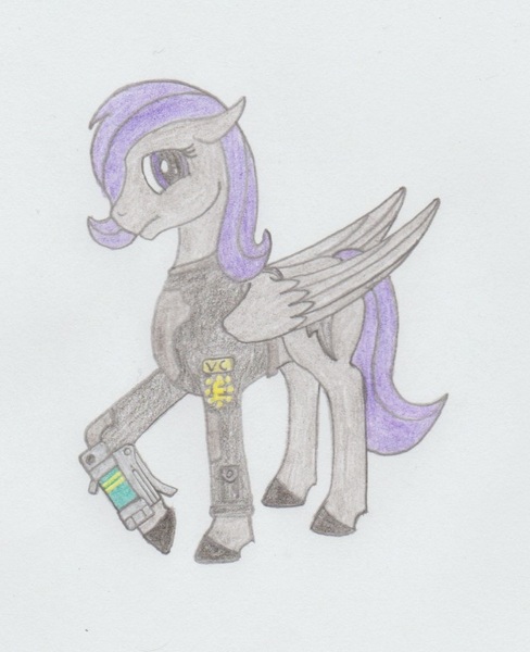 Size: 696x856 | Tagged: safe, artist:agentappleblanket, derpibooru import, oc, oc:morning glory (project horizons), unofficial characters only, pegasus, pony, fallout equestria, fallout equestria: project horizons, branded, enclave, energy weapon, fanfic art, grand pegasus enclave, laser pistol, pencil drawing, traditional art, weapon