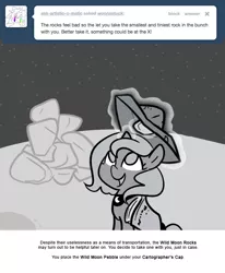 Size: 666x809 | Tagged: artist:egophiliac, cartographer's cap, derpibooru import, female, filly, hat, magic, monochrome, moon, moon rock, moonstuck, princess luna, safe, solo, woona, younger