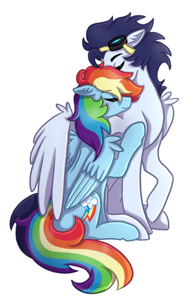 Size: 1135x1800 | Tagged: safe, artist:kikirdcz, derpibooru import, rainbow dash, soarin', pony, 30 day otp challenge, cute, female, hug, male, shipping, simple background, soarindash, straight, transparent background, winghug