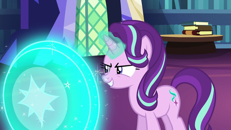 Size: 1920x1080 | Tagged: safe, derpibooru import, screencap, starlight glimmer, pony, every little thing she does, shield, solo, twilight's castle