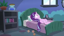 Size: 1920x1080 | Tagged: safe, derpibooru import, screencap, starlight glimmer, pony, every little thing she does, bed, exploitable meme, hourglass, meme, plant, solo, starlight bedridden, starlight's room, thousand yard stare, window