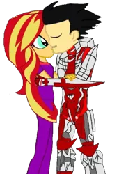 Size: 478x700 | Tagged: safe, artist:slayguy, derpibooru import, sunset shimmer, oc, oc:guardian angel, equestria girls, canon x oc, crossover, halo (series), kissing, shipping, spartan
