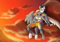 Size: 2686x1900 | Tagged: safe, artist:b25roman, artist:the-unicorn-lord, derpibooru import, rainbow dash, soarin', anthro, unguligrade anthro, cloud, commission, female, male, shipping, soarindash, straight