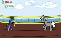 Size: 1280x800 | Tagged: safe, artist:saria the frost mage, derpibooru import, oc, oc:clover patch, oc:silverwind (a foal's adventure), unofficial characters only, pony, unicorn, a foal's adventure, adult, aiming, arrow, belt, blank flank, bow (weapon), bow and arrow, cloud, cutie mark, dagger, deck, female, fight, frown, horn, mage, male, ocean, pirate, pirate ship, ship, sky, smiling, smirk, sneer, sparring, stallion, story included, weapon, wood