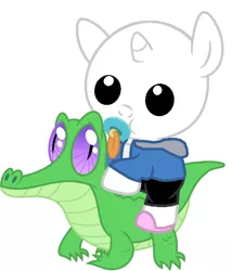 Size: 786x917 | Tagged: safe, artist:red4567, derpibooru import, gummy, ponified, alligator, pony, baby, baby pony, baby skeleton, crossover, cute, pacifier, ponies riding gators, riding, sans (undertale), undertale