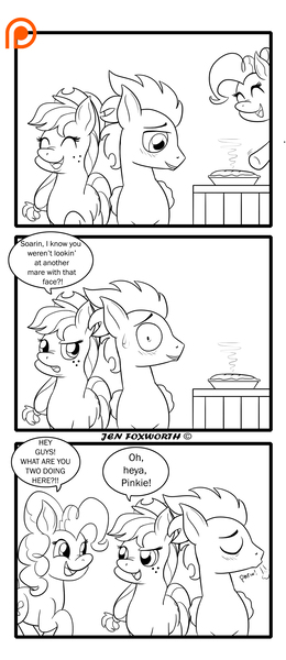 Size: 1300x3000 | Tagged: safe, artist:foxbeast, derpibooru import, applejack, rainbow dash, soarin', pony, comic:pie love, blushing, comic, female, food, male, monochrome, pie, shipping, soarinjack, straight, that pony sure does love pies, wide eyes