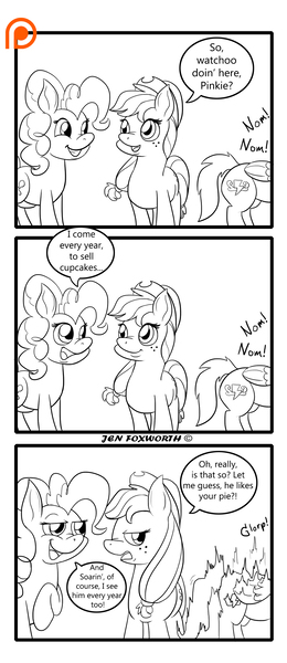 Size: 1300x3000 | Tagged: safe, artist:foxbeast, derpibooru import, applejack, pinkie pie, soarin', pony, comic:pie love, comic, female, food, male, monochrome, nom, pie, shipping, smiling, smirk, soarinjack, straight, that pony sure does love pies