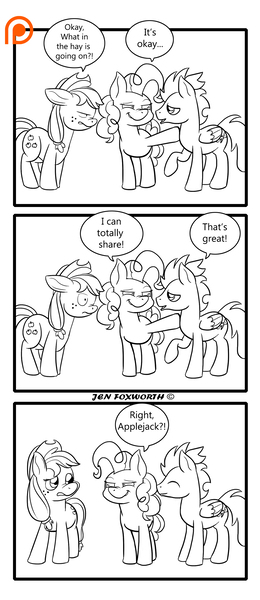 Size: 1300x3000 | Tagged: safe, artist:foxbeast, derpibooru import, applejack, pinkie pie, soarin', pony, comic:pie love, comic, food, frown, monochrome, pie, smiling, smirk, that pony sure does love pies, wide eyes