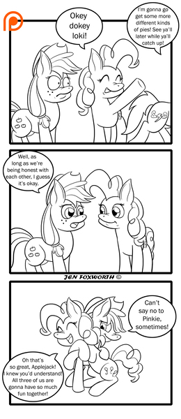 Size: 1300x3000 | Tagged: safe, artist:foxbeast, derpibooru import, applejack, pinkie pie, soarin', pony, comic:pie love, comic, food, hug, monochrome, pie, that pony sure does love pies