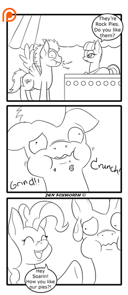 Size: 1300x3000 | Tagged: safe, artist:foxbeast, derpibooru import, boulder (pet), maud pie, pinkie pie, soarin', pony, comic:pie love, comic, floppy ears, food, monochrome, pie, that pony sure does love pies, wavy mouth