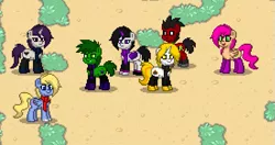 Size: 551x292 | Tagged: safe, derpibooru import, pony, pony town, beast boy, clothes, pixel art, raven (teen titans), robin, socks, starfire, supergirl, teen titans, terra