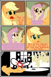 Size: 3254x4837 | Tagged: suggestive, artist:gutovi, derpibooru import, applejack, fluttershy, bat pony, pony, comic:why me!?, bat ponified, bucky mcgillicutty, comic, flutterbat, fluttershy's cottage, kicks mcgee, otakushy, race swap, silhouette