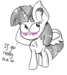 Size: 943x1045 | Tagged: safe, artist:pastelhorses, derpibooru import, twilight sparkle, twilight sparkle (alicorn), alicorn, pony, blushing, chest fluff, grayscale, monochrome, solo, spread wings, waifu, wings