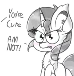 Size: 818x842 | Tagged: safe, artist:pastelhorses, derpibooru import, sunset shimmer, pony, unicorn, blatant lies, blushing, chest fluff, cute, dialogue, ear fluff, grayscale, i'm not cute, monochrome, offscreen character, partial color, raised hoof, simple background, solo, tsundere, tsunset shimmer, white background