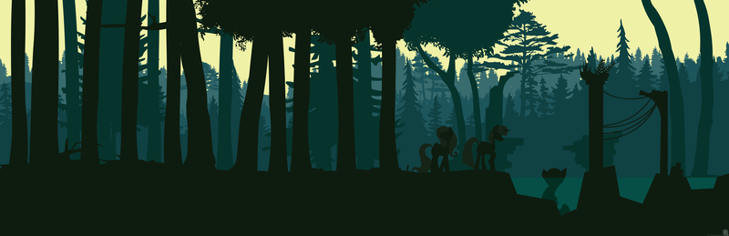 Size: 15318x4960 | Tagged: safe, artist:simonk0, derpibooru import, fluttershy, twilight sparkle, twilight sparkle (alicorn), alicorn, pony, absurd resolution, duo, folded wings, forest, ruins, silhouette, wings