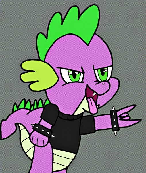 Size: 1535x1814 | Tagged: safe, artist:dachosta, derpibooru import, spike, dragon, bracelet, clothes, devil horn (gesture), green eyes, heavy metal, jewelry, purple, rock, shirt, smiling, solo, tongue out, wristband