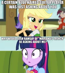 Size: 688x780 | Tagged: safe, derpibooru import, applejack, normal norman, twilight sparkle, equestria girls, rainbow rocks, caption, image macro, implied flash sentry, mariana's trench, meme, text