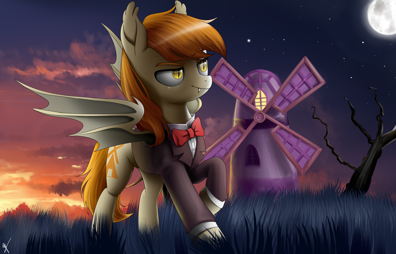 Size: 2560x1646 | Tagged: safe, artist:supermare, derpibooru import, oc, oc:batmiller, unofficial characters only, bat pony, pony, moon, solo, twilight (astronomy), windmill