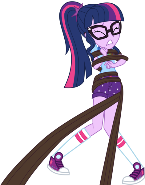 Size: 3000x3822 | Tagged: safe, artist:uponia, derpibooru import, sci-twi, twilight sparkle, equestria girls, legend of everfree, clothes, converse, eyes closed, glasses, i've seen enough hentai to know where this is going, shoes, shorts, simple background, sneakers, socks, solo, struggling, transparent background, vector