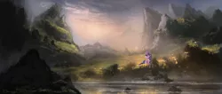 Size: 2350x1000 | Tagged: dead source, safe, artist:shamanguli, derpibooru import, twilight sparkle, twilight sparkle (alicorn), alicorn, pony, mountain, river, scenery, scenery porn, solo