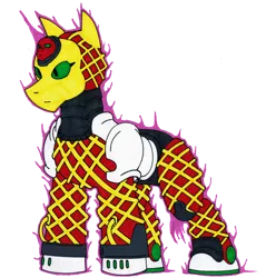 Size: 836x875 | Tagged: safe, artist:combatkaiser, derpibooru import, ponified, pony, aura, epitaph, jojo's bizarre adventure, king crimson, simple background, solo, spoilers for another series, stand, transparent background, vento aureo