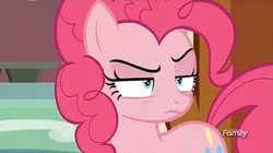 Size: 1269x709 | Tagged: safe, derpibooru import, screencap, pinkie pie, pony, ppov, angry, discovery family logo, scowl, solo, unamused, when she doesn't smile