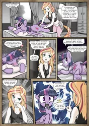 Size: 1363x1920 | Tagged: suggestive, artist:pencils, derpibooru import, twilight sparkle, twilight sparkle (alicorn), oc, oc:mascara maroon, alicorn, pony, satyr, comic:anon's pie adventure, butt, clothes, comic, disgusted, dock, female, frog (hoof), mare, massage, panties, pillow, plot, sexy twilight sparkle, shirt, tanktop, tongue out, underhoof, underwear, white underwear