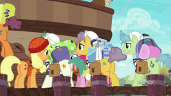 Size: 500x281 | Tagged: safe, derpibooru import, screencap, anchors aweigh (character), applejack, pinkie pie, unnamed character, unnamed pony, water whirled, earth pony, pony, ppov, animated, background pony, bag, boat, discovery family logo, female, gif, lifejacket, luggage, male, mare, porter, saddle bag, sailor, seaward shoals, stallion