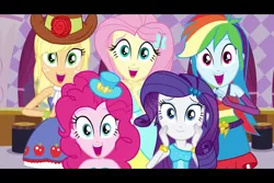 Size: 960x640 | Tagged: safe, artist:supermariodylan90, derpibooru import, screencap, applejack, fluttershy, pinkie pie, rainbow dash, rarity, equestria girls, equestria girls (movie), bracelet, fall formal outfits, hat, humane five, humane five's encounter, jewelry, looking at you, this is our big night, top hat