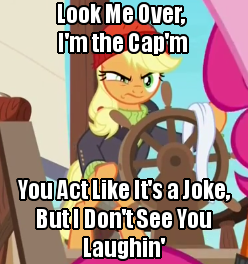 Size: 248x264 | Tagged: applejack, captain jackbeard, caption, derpibooru import, edit, edited screencap, image macro, lyrics, meme, pinkie pie, ppov, safe, screencap, song reference, text, the cap'm, they might be giants