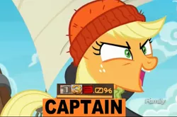 Size: 1615x1068 | Tagged: safe, derpibooru import, edit, edited screencap, editor:watermelon changeling, screencap, applejack, earth pony, pony, ppov, 200% mad, captain jackbeard, caption, discovery family logo, expand dong, exploitable meme, image macro, meme, solo