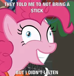 Size: 743x762 | Tagged: caption, derp, derpibooru import, edit, edited screencap, exploitable meme, i didn't listen, image macro, meme, pinkie derp, pinkie pie, ppov, safe, screencap, solo, text