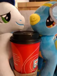 Size: 768x1024 | Tagged: safe, artist:onlyfactory, derpibooru import, soarin', spitfire, pony, 7 eleven, 7-eleven, bootleg, coffee, date, female, irl, lidded eyes, male, photo, plushie, seven eleven, shipping, soarinfire, straight