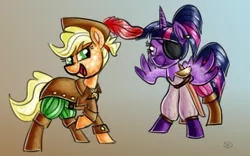 Size: 800x500 | Tagged: safe, artist:sallindaemon, derpibooru import, applejack, twilight sparkle, twilight sparkle (alicorn), alicorn, pony, eyepatch, pirate, sword, weapon