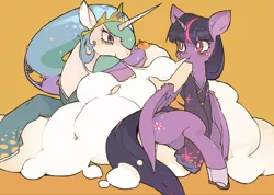 Size: 1024x730 | Tagged: safe, artist:moyamoya kuroi, derpibooru import, princess celestia, twilight sparkle, twilight sparkle (alicorn), alicorn, pony, blushing, clothes, female, kimono (clothing), lesbian, new year, rice cake, shipping, sweat, twilestia