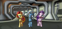 Size: 1587x745 | Tagged: safe, artist:hectorny, derpibooru import, starlight glimmer, sunset shimmer, trixie, pony, 3d, base, corridor, counterparts, looking around, thid, twilight's counterparts