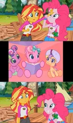 Size: 607x1024 | Tagged: safe, derpibooru import, edit, edited screencap, screencap, cheerilee (g3), pinkie pie, pinkie pie (g3), scootaloo (g3), sunset shimmer, equestria girls, legend of everfree, boat, book, bow, clothes, confused, diaper, discovery kids, female, frown, g3.5, hair bow, helmet, looking at each other, looking up, meme, newborn cuties, open mouth, sitting, smiling, sunset sees things