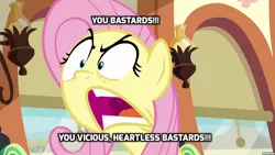 Size: 1280x720 | Tagged: buckball season, derpibooru import, faic, flutterrage, fluttershy, monty python, monty python's flying circus, parody, peeved, reference, safe, screencap, solo, swearyshy, text, vulgar, yelling