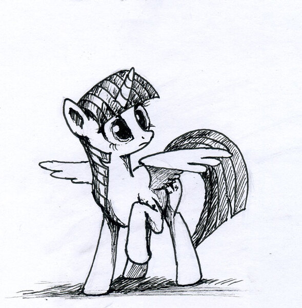 Size: 720x734 | Tagged: safe, artist:el-yeguero, derpibooru import, twilight sparkle, twilight sparkle (alicorn), alicorn, pony, female, mare, monochrome, solo, spread wings, wings