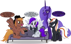 Size: 4847x3033 | Tagged: safe, artist:vector-brony, derpibooru import, oc, oc:calamity, oc:lacunae, oc:morning glory (project horizons), oc:velvet remedy, unofficial characters only, alicorn, pegasus, pony, unicorn, fallout equestria, fallout equestria: project horizons, fanfic, artificial alicorn, brand, branding, comic, cowboy hat, cutie mark, dashite, fallout, fallout 4, fanfic art, fangasm, female, hat, hooves, horn, male, mare, open mouth, purple alicorn (fo:e), simple background, sitting, spread wings, stallion, standing, transparent background, wings