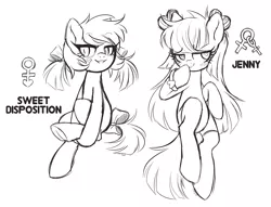 Size: 3400x2600 | Tagged: safe, artist:hawthornss, derpibooru import, oc, oc:jenny (moonsugar), oc:sweet disposition, unofficial characters only, adoptable, black and white, blushing, bow, clothes, cute, grayscale, hair bow, long mane, looking at you, monochrome, simple background, sketch, socks, studio killers, underhoof, wingding eyes