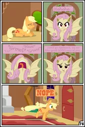 Size: 3254x4837 | Tagged: safe, artist:gutovi, derpibooru import, applejack, fluttershy, bat pony, pony, comic:why me!?, bat ponified, bedroom eyes, comic, cowboy hat, dialogue, eyes closed, fleeing, flutterbat, fluttershy's cottage, freckles, hat, nope, nose in the air, open mouth, race swap, red eyes, speech bubble, stetson, tongue out