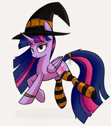 Size: 4962x5642 | Tagged: safe, artist:mrfancy, derpibooru import, twilight sparkle, twilight sparkle (alicorn), alicorn, pony, absurd resolution, clothes, halloween, hat, holiday, socks, solo, striped socks, witch, witch hat